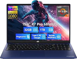 NIMO 15.6" FHD Light-Gaming-Laptop, 8 Cores AMD Ryzen 7 Pro 6850U 32GB LPDDR5 RAM 1TB SSD (Beat i7-1360P Up to 4.7GHz) GPU AMD Radeon 680M IPS Computer with 100W Type-C Backlit Keyboard Fingerprint