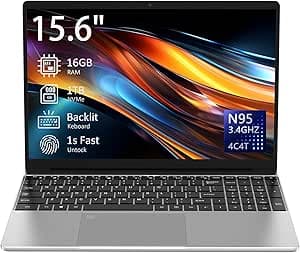15.6" Laptop Computer Notebook, 4-Core N95 Processor, FHD Display, Backlit Keyboard, Fingerprint, Webcam, Bluetooth, WiFi, Win 11 Pro, 10TB Upgradeable, T152A, 16GB RAM, 1TB SSD, Silver