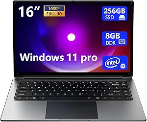 laptop 16-inch , 8GB DDR 256GB SSD portable laptop computer, expandable to 1TB, Pentium quad-core CPU up to 2.64 GHz, 9000mAh battery, interface, USB3.0 interface, dual-band WiFi, webcam, slim laptops